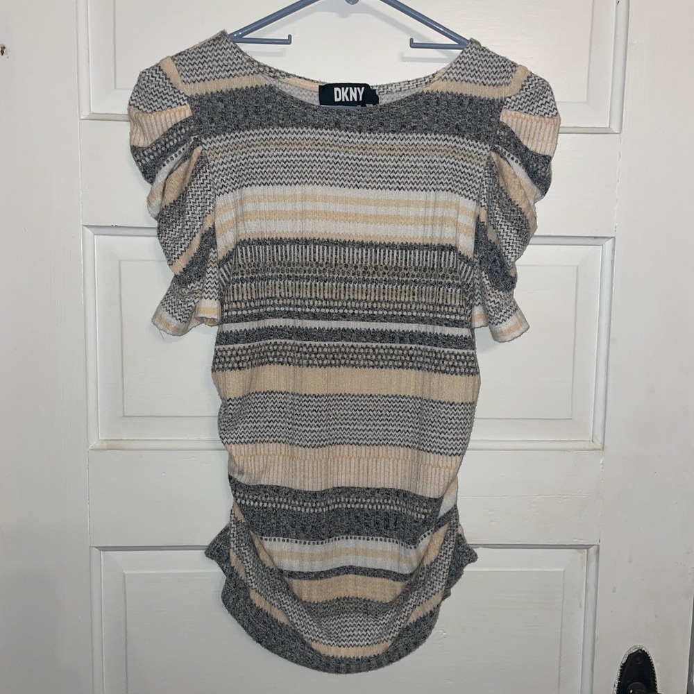 DKNY Rouched Short Sleeve Medium Sweater Horizontal Striped Peach Gray White‎